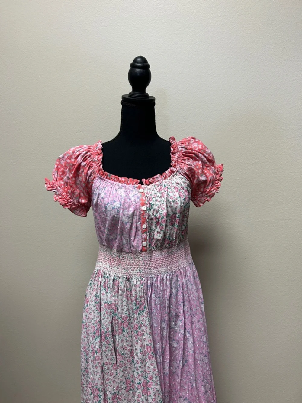 LoveShackFancy Pink Floral Maxi Dress with Coral Puff Sleeves - Picture 3 of 5